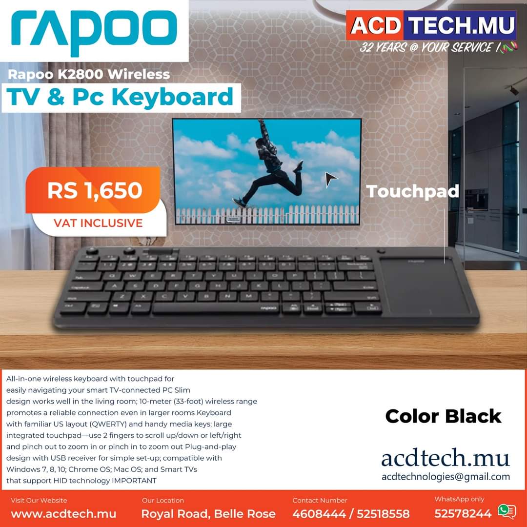 acd-march-19-12 Rapoo K2800 Wireless TV Keyboard with Touchpad, Easy Media Control and Built-in Big Size Touchpad - Image 1